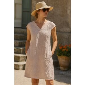 Lina Tonei Embroidered Linen‎ Sequins Dress Women's Size M Beige V Neck Casual